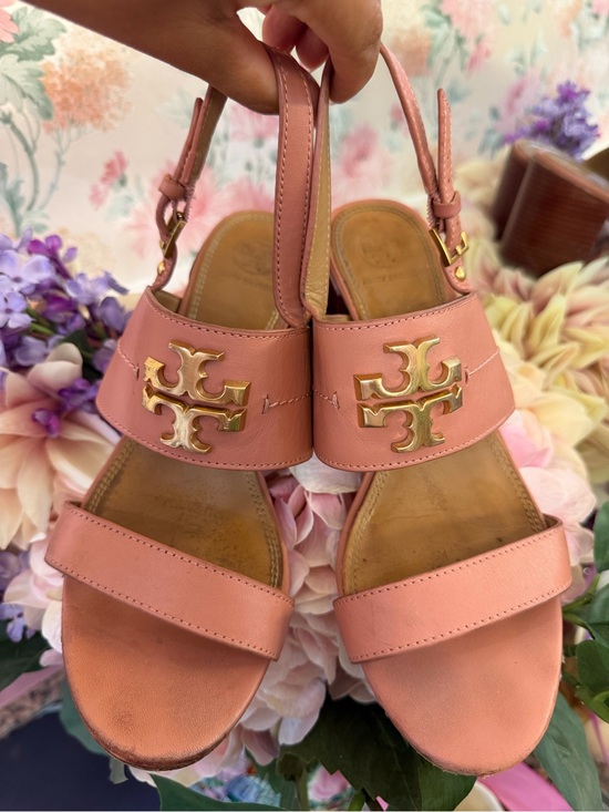 Tory Burch Shoes - Tory Burch Coral Pink Leather Slingback Sandals with Gold Logo